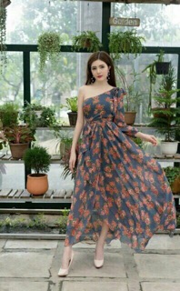 Đầm Maxi Hoa Xanh Lệch Vai