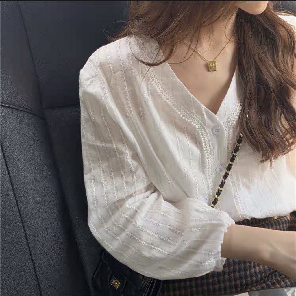 [Ảnh thật] Áo sơ mi cổ V viền ren hạt gạo ulzzang - Áo sơ mi dài tay viền ren