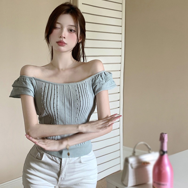 Áo Thun Dệt Kim Tay Ngắn Hai Màu Sắc Phong Cách Hàn Quốc Dành Cho Nữ