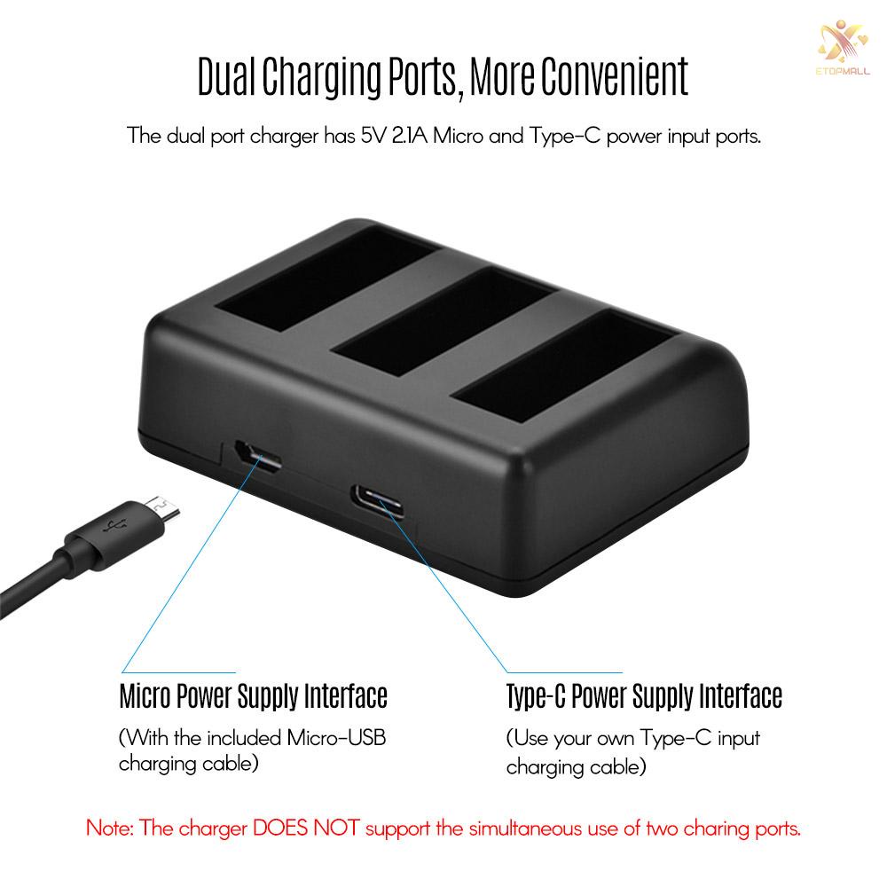 ET Charging Kit Triple Channel Charger with 2pcs 1300mAh Rechargeable Li-ion Batteries USB Charging Cable for DJI OSMO Action Camera