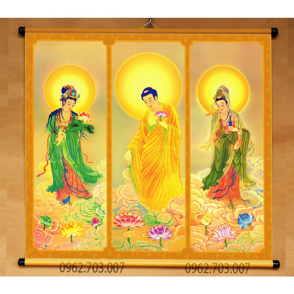 Tranh Tây Phương Tam Thánh treo tường khổ lớn 70x65cm bằng vải phủ bóng cao cấp dày dặn
