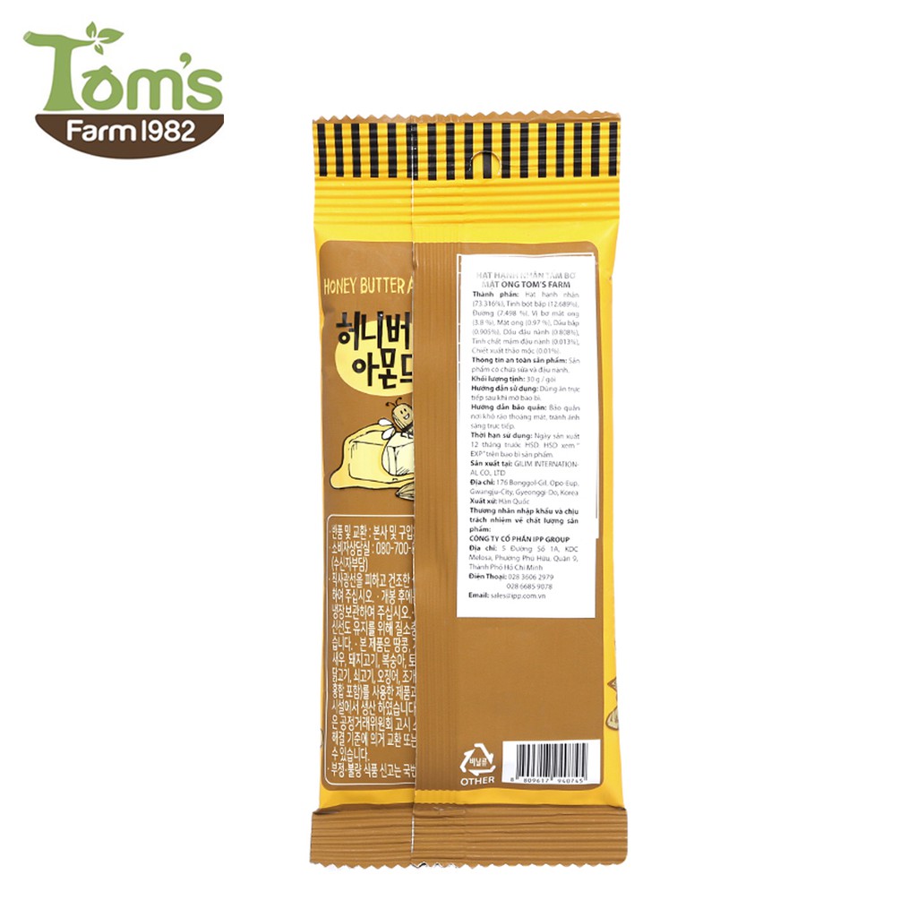 HỘP 12 GÓI HẠNH NHÂN TẨM BƠ MẬT ONG HONEY BUTTER ALMOND TOM’S FARM 30 GRAM