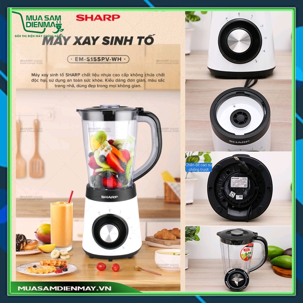 Máy xay sinh tố cầm tay mini công nghiệp đa năng 1.5 lít Sharp EM-S155PV-WH chính hãng xay thịt hạt khô gia vị ngũ cốc