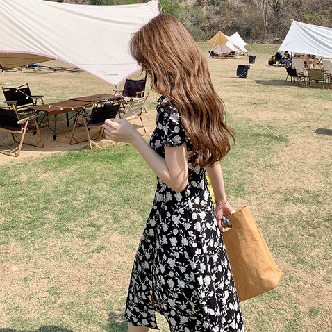 【ZHELIHANGFEI】 / Đầm Hoa Trễ Vai Tay Phồng Dáng Ngắn Form Ôm Thời Trang Cho Nữ