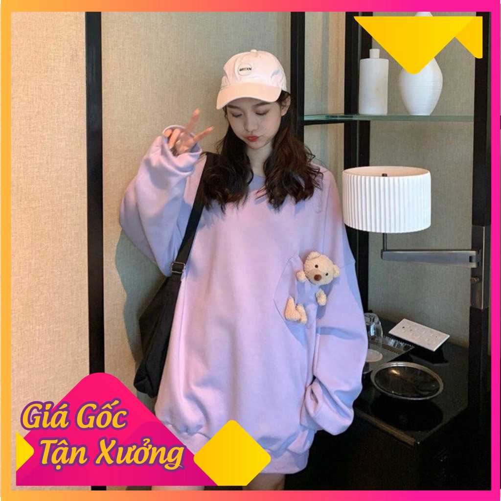 ÁO SWEATER NỮ kèm GẤU trơn thu đông unisex 2020 - ÁO NỈ GẤU TEDDY BEAR TÚI THỤNG ĐEN | TRẮNG | TÍM ullza