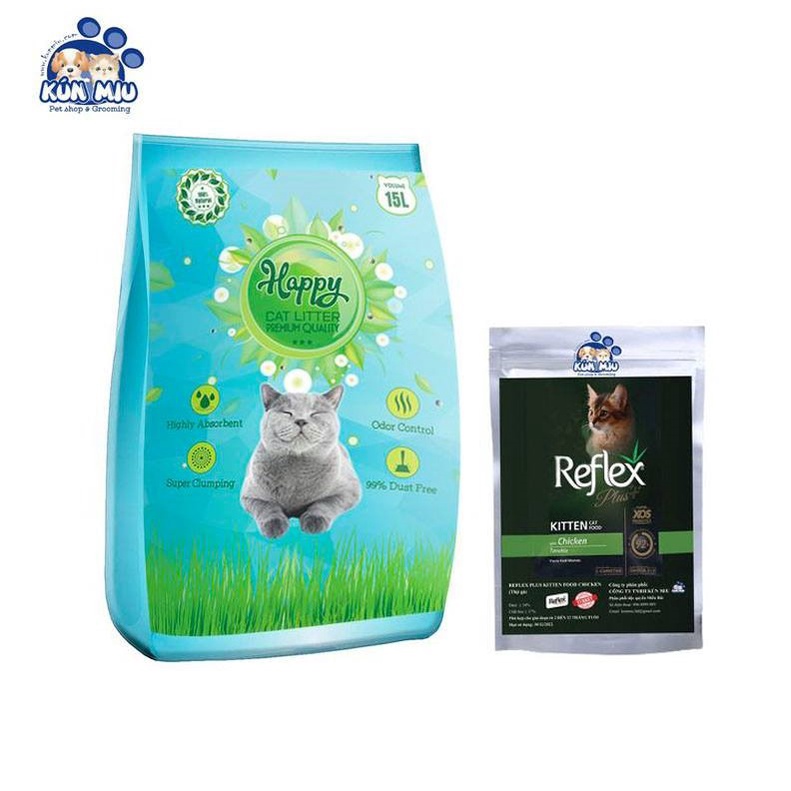 Combo cát Happy 15L chanh + 1kg reflex kitten vị thịt gà