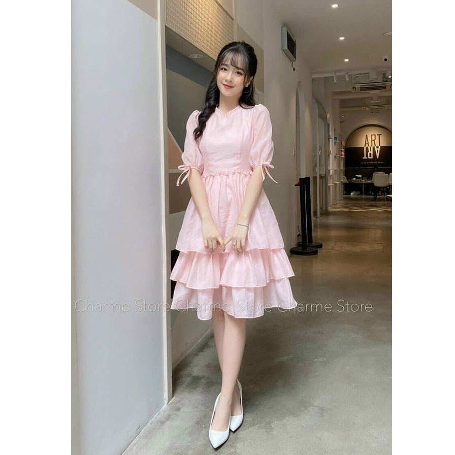Đầm Váy Nữ Cổ Trụ Xếp Ly 3 Tầng Màu Trắng Tinh Khôi Thời Trang Đi Chơi