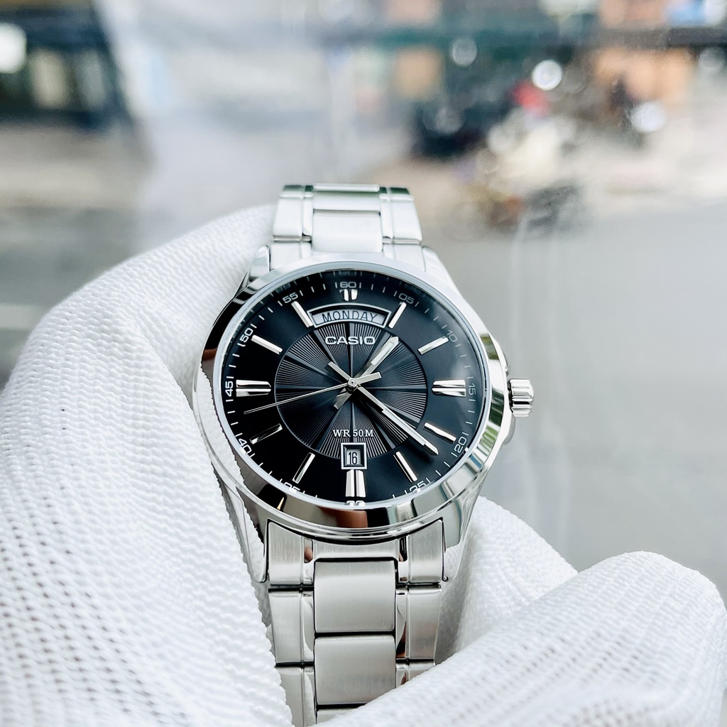 Đồng hồ nam tay dây thép sang trọng Casio MTP 1381D-1AV Mặt đen chống nước 5ATM Bảo hành 1 năm Hyma watch