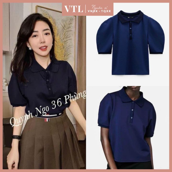 Áo polo xanh than tay phồng ZR