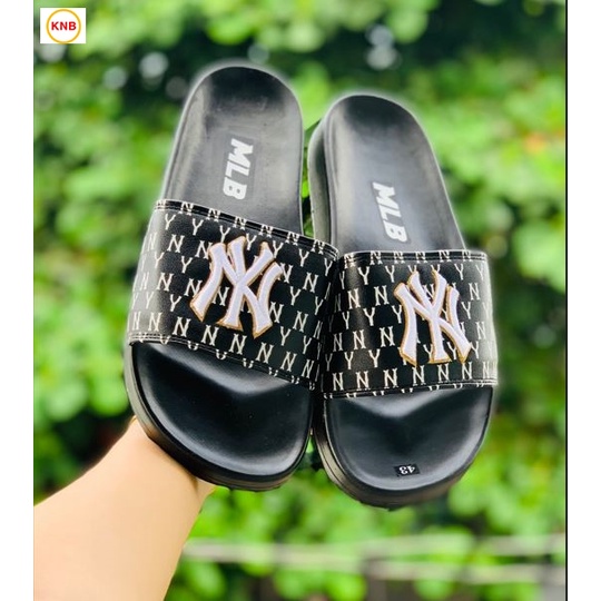 Dép 𝐌𝐋𝐁 UNISEX mẫu dép thể thao ❤️ Freeship + Hộp ❤️ Dép NY bóng chày quai ngang nam nữ chữ thêu nỗi kèm mác full đen