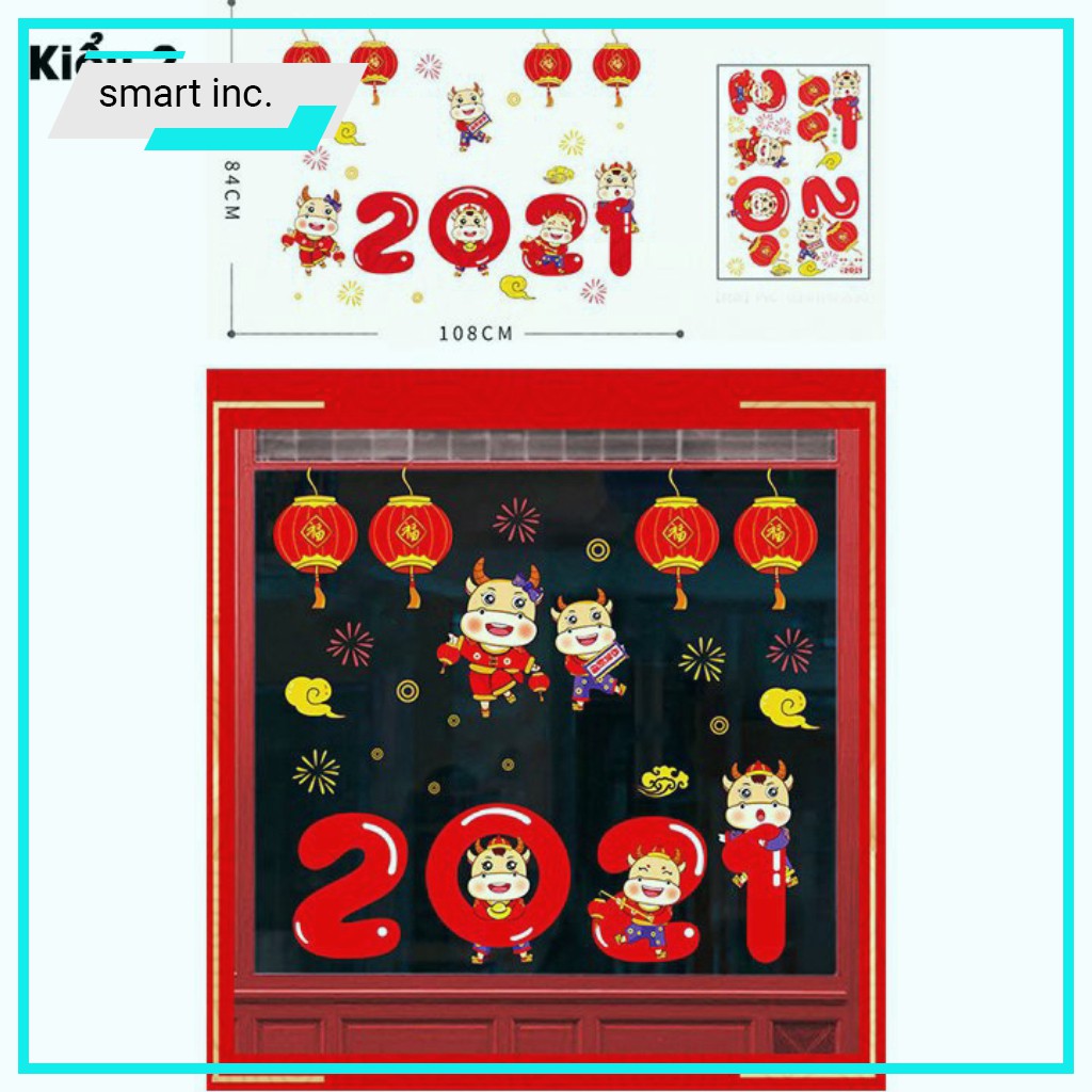 Decal Tranh Thiệp Tết Năm Mới Happy New Year Dán Tường Kính Kiếng Đẹp Decor Giấy Trang Trí Tết Tân Sửu