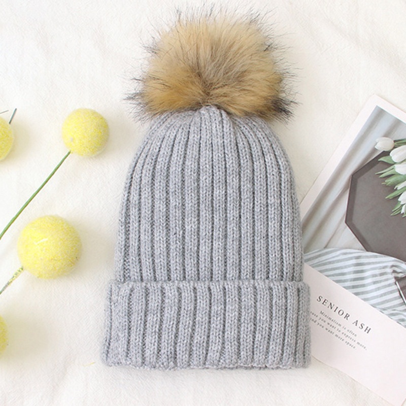 Mũ Beanie Dệt Kim Phối Bóng Lông Màu Sắc Trơn Giữ Ấm Mùa Đông Dành Cho Trẻ Em