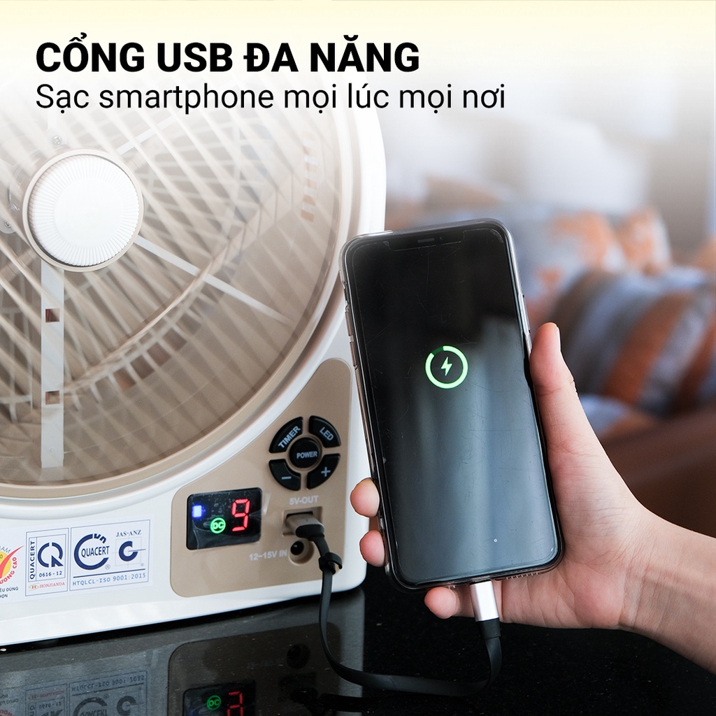 Quạt sạc tích điện dạng hộp AC&amp;DC 10 inch Honjianda FL223/FL213 1-2 bình - có đèn LED &amp; USB