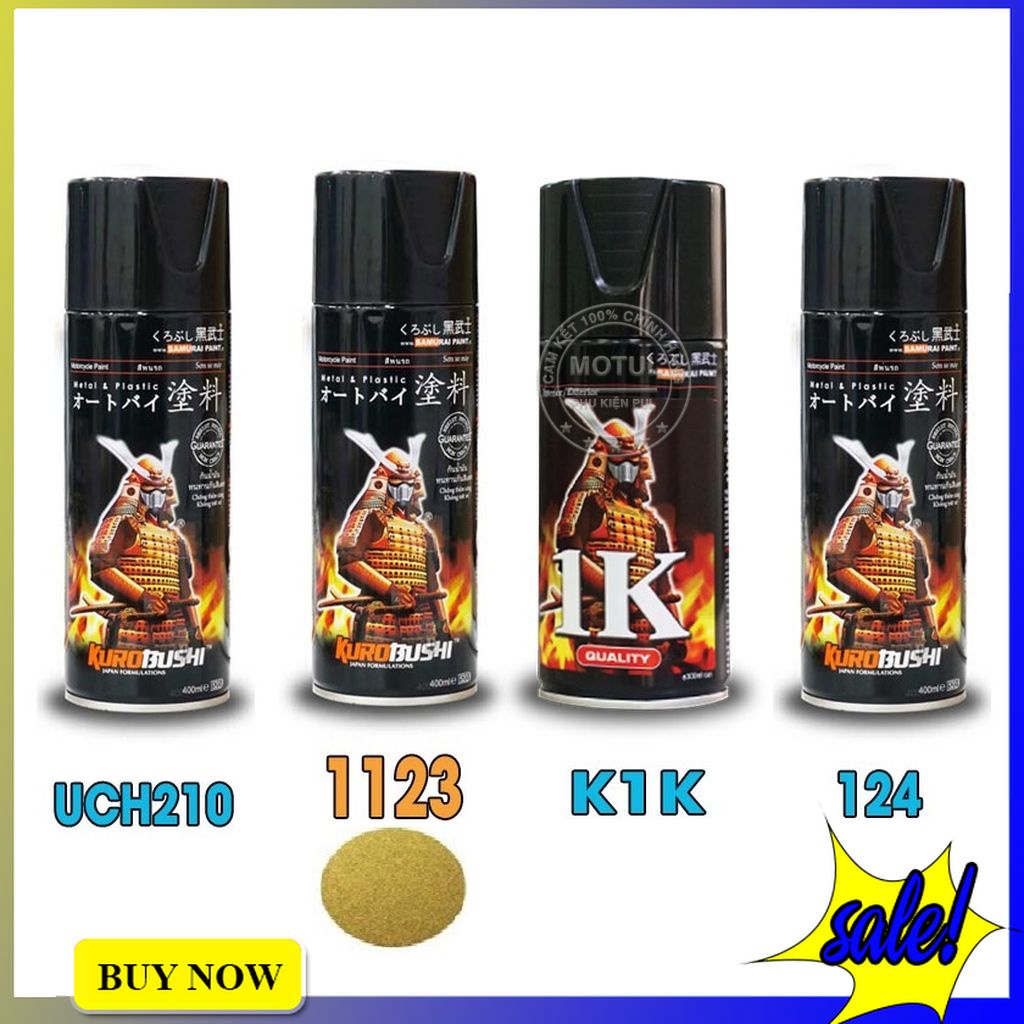 Combo 4 sơn xịt Samurai màu vàng lấp lánh (gồm 40/1123 - UCH210 - 124 - K1K - Giấy nhám P800)