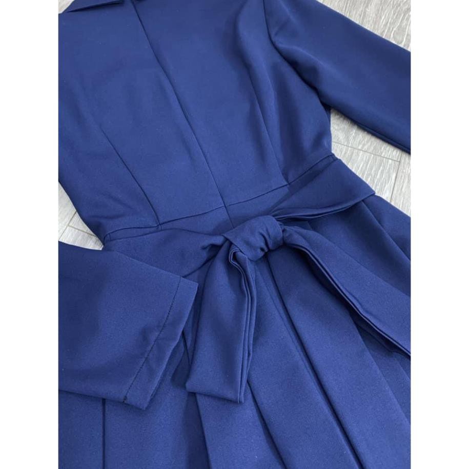 Đầm Cổ Vest 💗 Đẹp DVC ❤️ Đầm xanh cổ Vest đính nút V1610