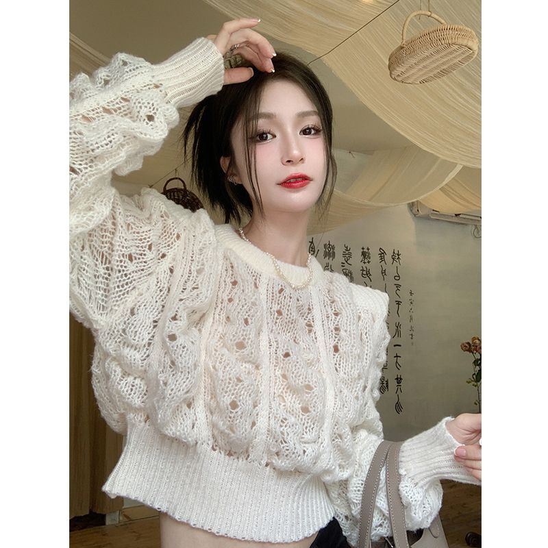 Jiashucheng Áo Sweater Tay Phồng Mỏng Dáng Ngắn Thiết Kế Xoắn Eo Dài Tay Phong Cách Cho Nữ