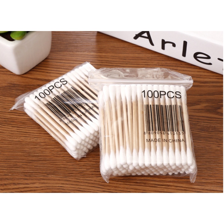 Hộp 30-100 Tăm Bông Cotton Hai Đầu Thân Gỗ Dùng Tẩy Trang Cho Bé