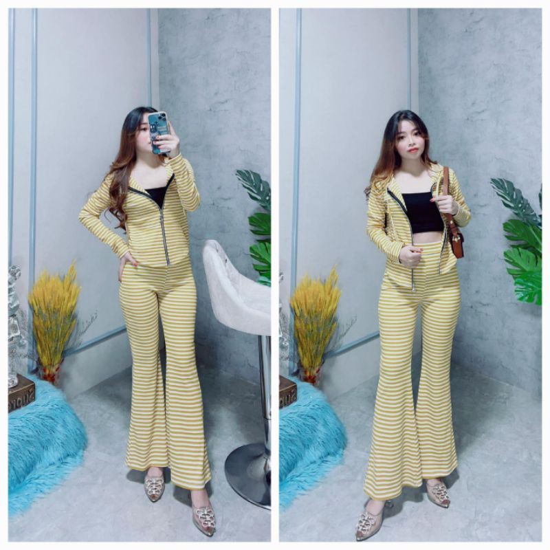 Đồ bộ nữ, set đồ bộ quần ống loe đai cao, áo ôm dài tay lai bầu phối nón và dây kéo vải thun cotton gân borip dầy dặn