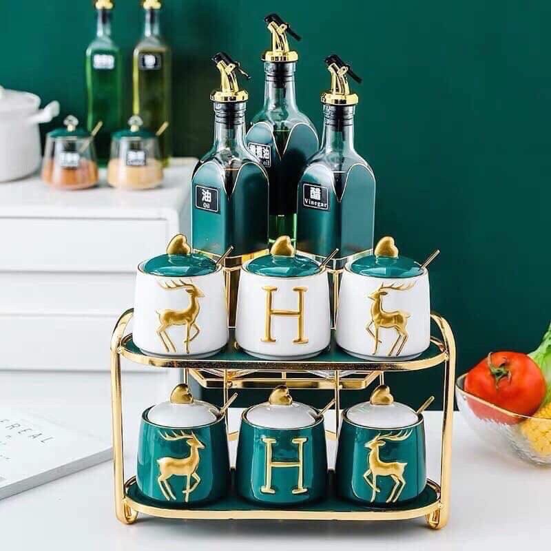 (CÓ SẴN) BỘ GIA VỊ SỨ XANH HÌNH HƯƠU CAO CẤP