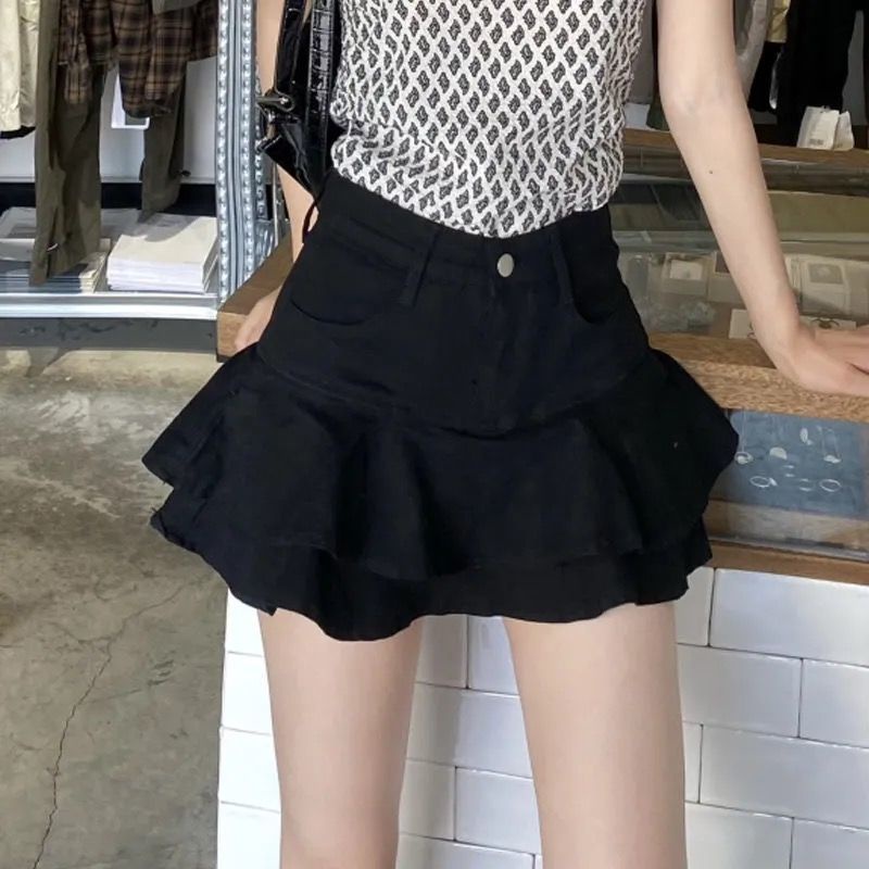 Chân Váy Denim Lưng Cao Hai Lớp Thiết Kế Xếp Tầng Phong Cách Retro