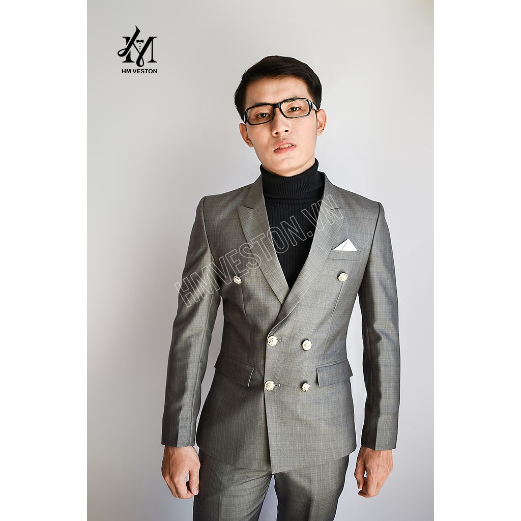 Bộ vest nam màu xám ghi 6 nút tặng kèm cà vạt nơ