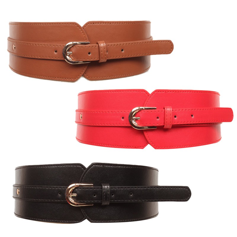 -Leather High Belt Ladies Retro Belt Buckle Versatile Elastic Wide Belt Casual Waist Seal Decoration (Khaki)