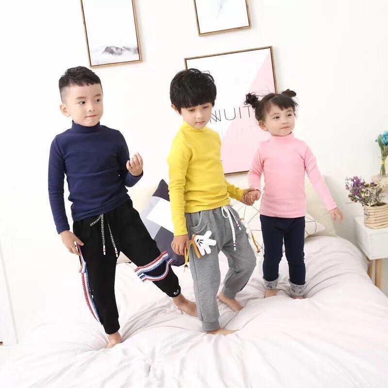 Áo thun dài tay cho bé 2-7 tuổi cao cổ vải cotton len dày dặn, Áo giữ nhiệt len trẻ em chất liệu cao cấp