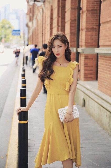 Đầm Vàng Vai Bèo Dáng Xòe kt (kèm ảnh thật)
