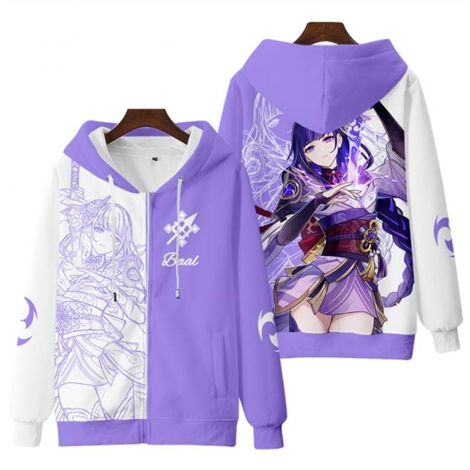 Áo Khoác Hoodie Có Khóa Kéo Dáng Rộng In Hình Anime Genshin Va Chạm Raiden Shogun Baal 3D Thời Trang Nhật Bản Giản Dị Dành Cho Nam Nữ Mặc Hóa Trang