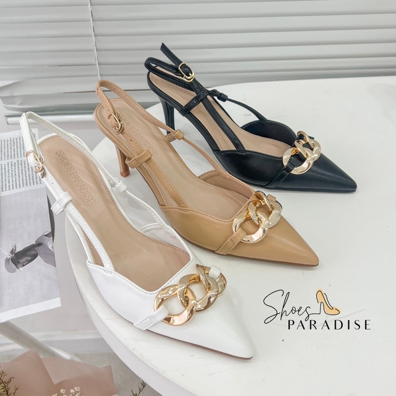 Giày cao gót nữ nhọn mũi nhọn gót nhọn 7p viền xích thời trang Shoes Paradise BBXK18