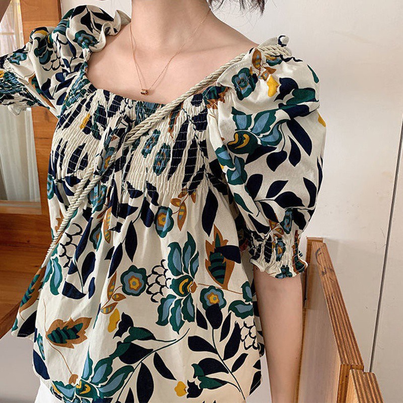 Áo kiểu tay ngắn phồng cổ vuông họa tiết hoa thời trang mùa hè dành cho phái nữ