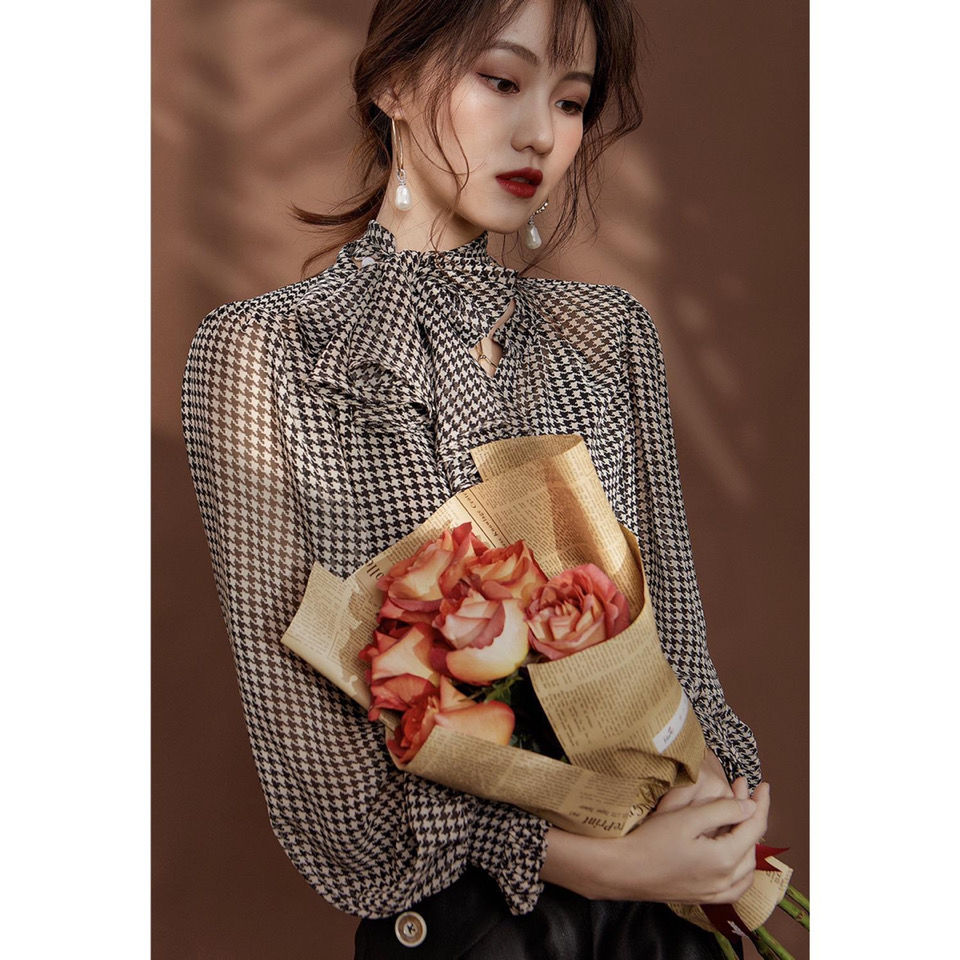 Áo Sơ Mi Cổ Lá Sen Họa Tiết Houndstooth Phong Cách Pháp Thời Trang Mùa Thu Cho Nữ