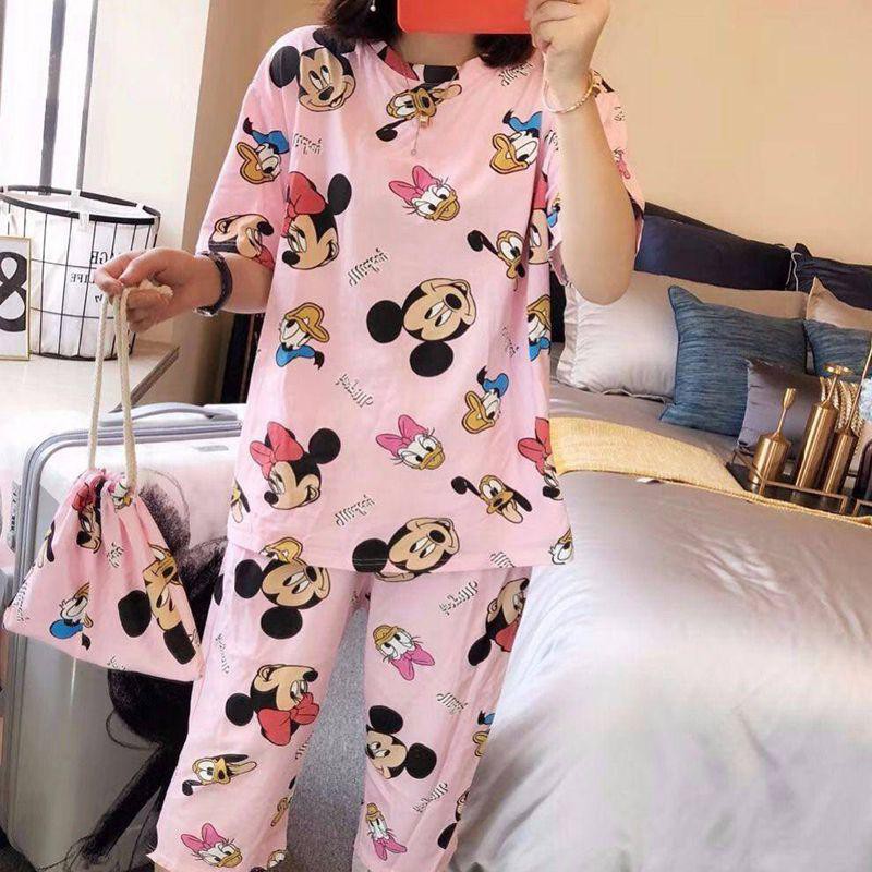 Bộ trang phục 3 mảnh họa tiết hoạt hình dáng rộng chất liệu lụa sữa mặc ở nhà