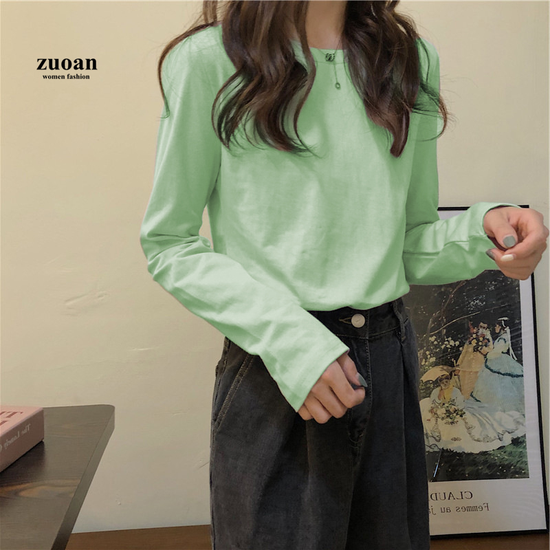 Áo thun SUXI tay dài dáng rộng màu trơn phong cách Hàn Quốc mùa thu đông cho nữ