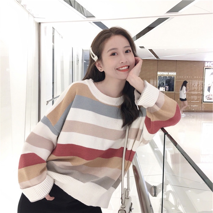 Áo sweater nữ tay dài dáng rộng kẻ sọc ngang thời trang | BigBuy360 - bigbuy360.vn