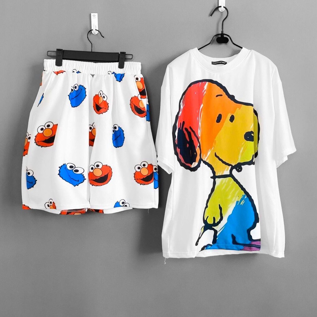 Set áo 3D rối seasame Kaws + quần short cartoon seasame unisex