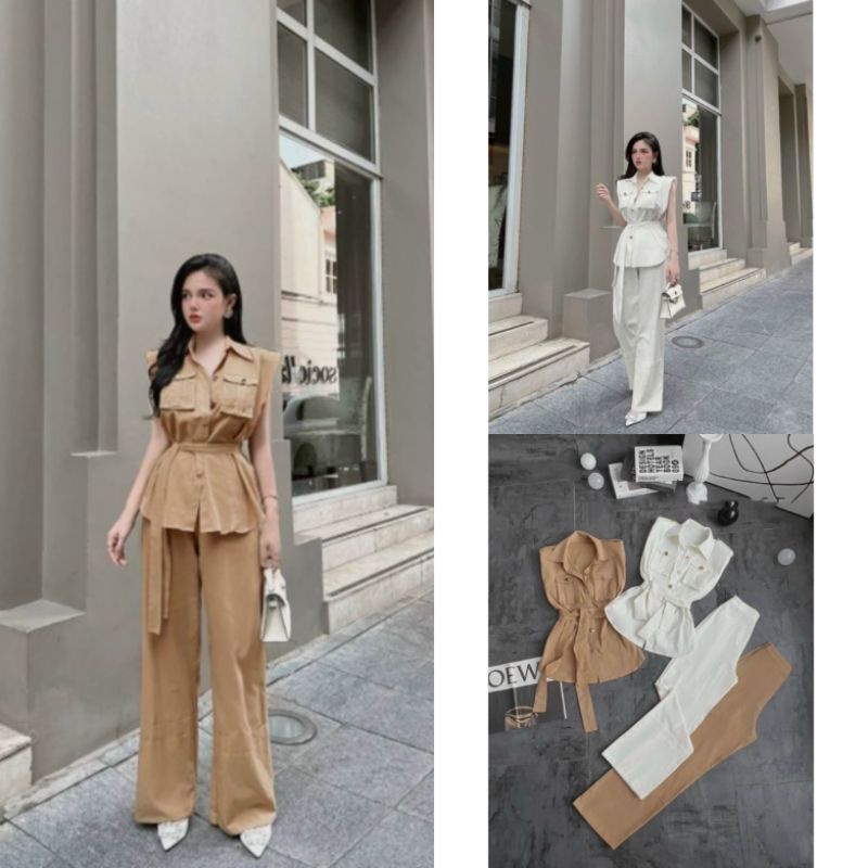 Set Đồ Nữ Ms.1562 Áo Sát Nách Dáng Dài Đính Cúc Đồng Kèm Đai Phối Quần Ống Suông Chất Kaki Kèm Hình Thật