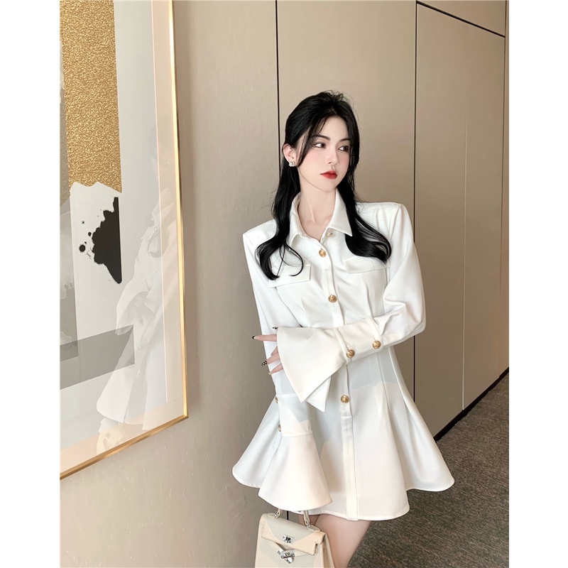 Đầm sơmi dài tay của nữ hàng Quảng Châu cao cấp đầu xu hướng thu đông phong cách ngọt ngào tiểu thư khí chất