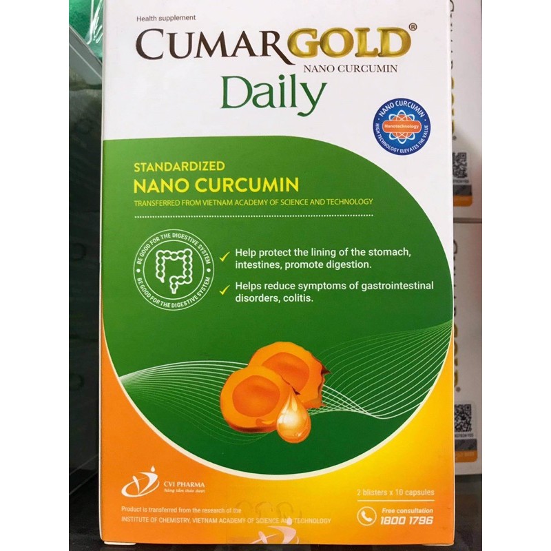 Cumargold daily nano curcumin giúp bảo vệ niêm mạc dạ dày, ruột, tăng cường tiêu hoá, hỗ trợ viêm đại tràng mua 6+1 tích