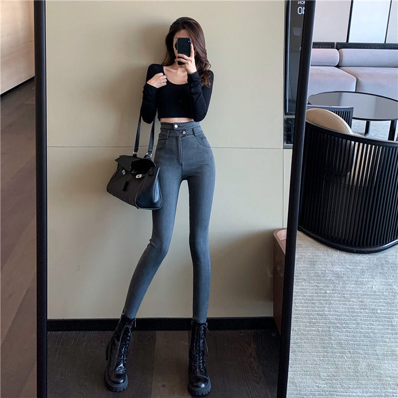 Quần Jean Nữ Dáng Ôm Cài Nút Đôi Lưng Cao Dễ Phối Đồ Phong Cách Xuân Thu Mới