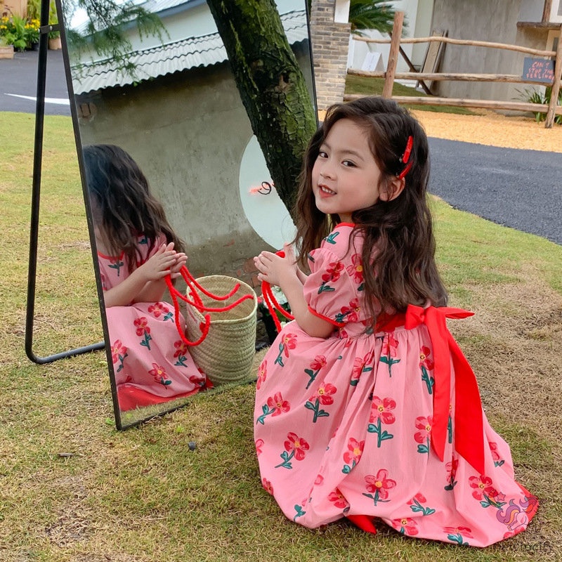 Đầm Công Chúa Tay Phồng Thắt Nơ In Họa Tiết Hoa Phong Cách Hàn Quốc Thời Trang Mùa Hè Cho Bé Gái