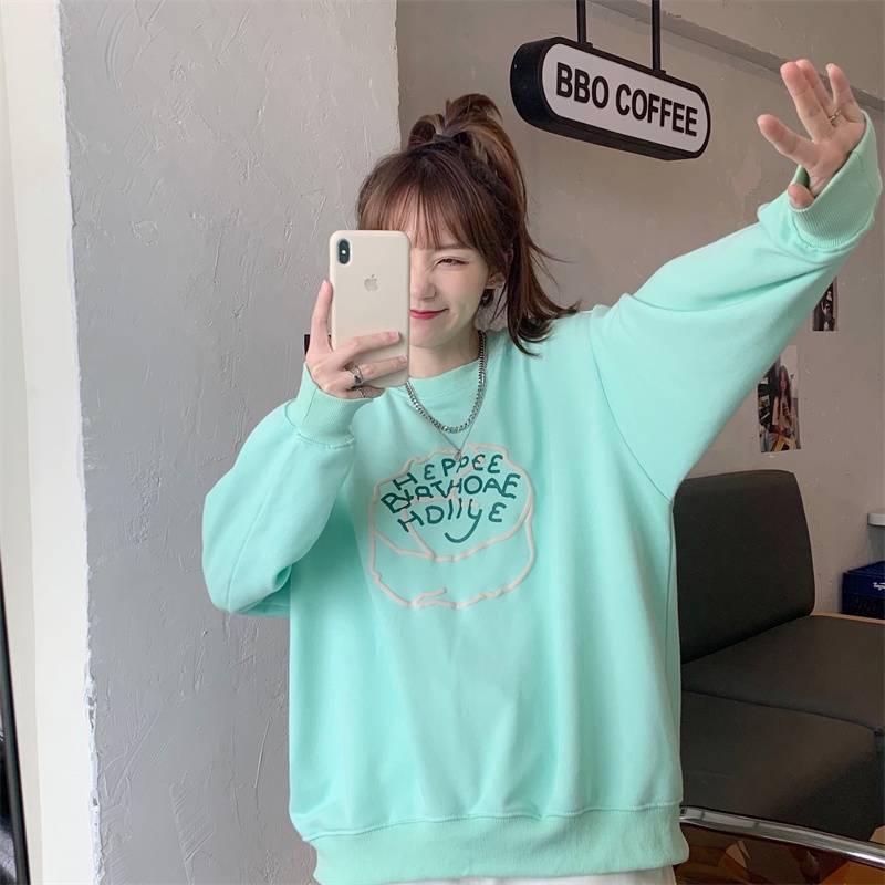 ZHELIHANGFEI Áo Thun Tay Dài Cổ Tròn Form Rộng Họa Tiết In Theo Phong Cách Preppy Dễ Phối Đồ