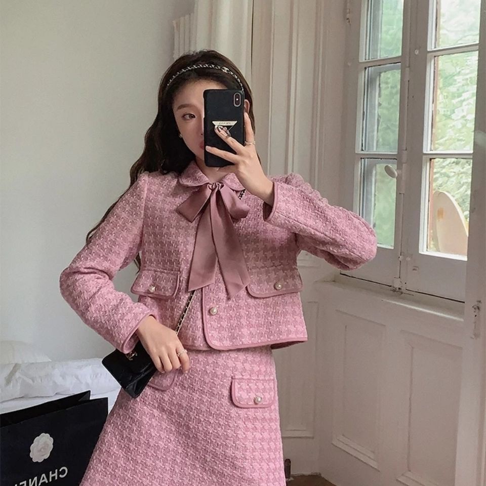 Bộ Áo Khoác Vest + Chân Váy Chữ A Họa Tiết Kẻ Sọc Màu Hồng Kiểu Pháp Thời Trang Mùa Thu Cho Nữ | BigBuy360 - bigbuy360.vn