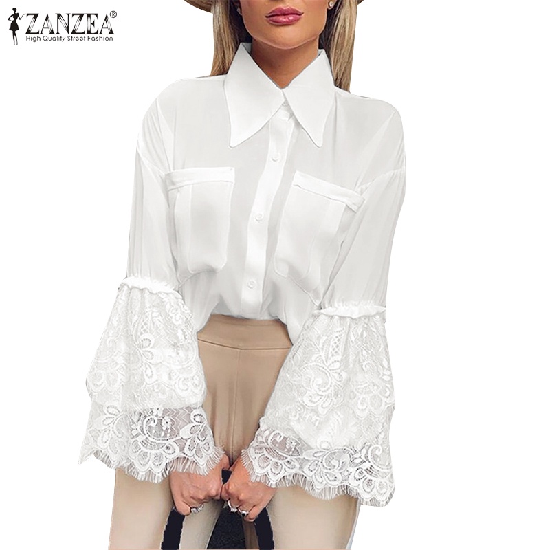 Zanzea Áo Sơ Mi Nữ Dài Tay Cổ Bẻ Phối Ren Thời Trang Châu Âu