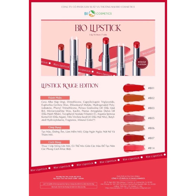 Son BIO LIPSTICK Hồng Cam San Hô-- Mềm Mịn Bền Màu Lâu Trôi, Lên Màu Cực Chuẩn Và Sang Chảnh