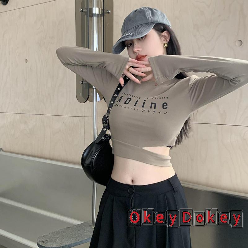 Áo Croptop Cổ Tròn Tay Dài Khoét Hông In Chữ Cho Nữ