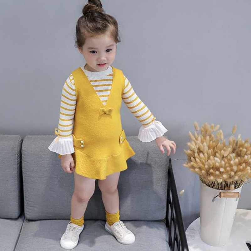 Babyme Autumn Baby Girls Stripe Print Long Flare Sleeve Fake 2 Piece Dress Kids Princess Dresses