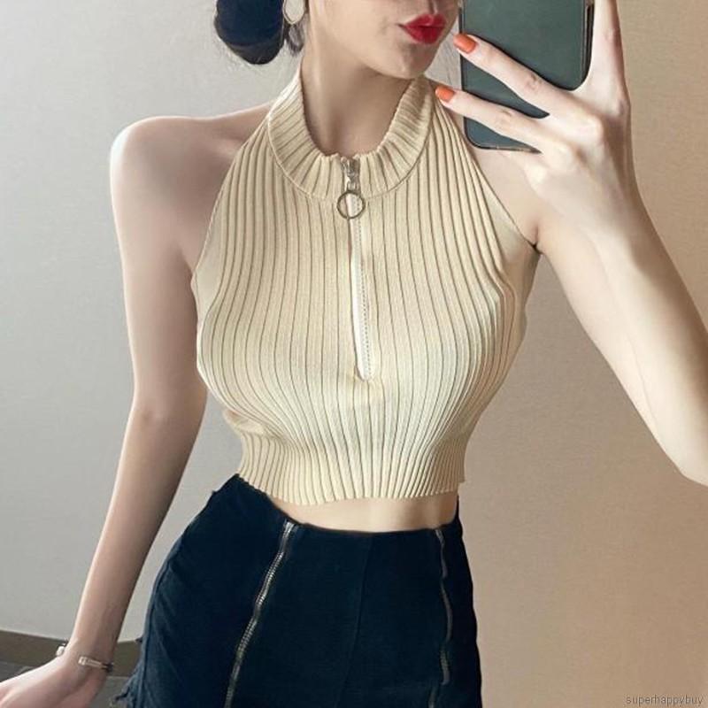 Áo không tay dệt kim thiết kế cổ yếm quyến rũ cho nữ