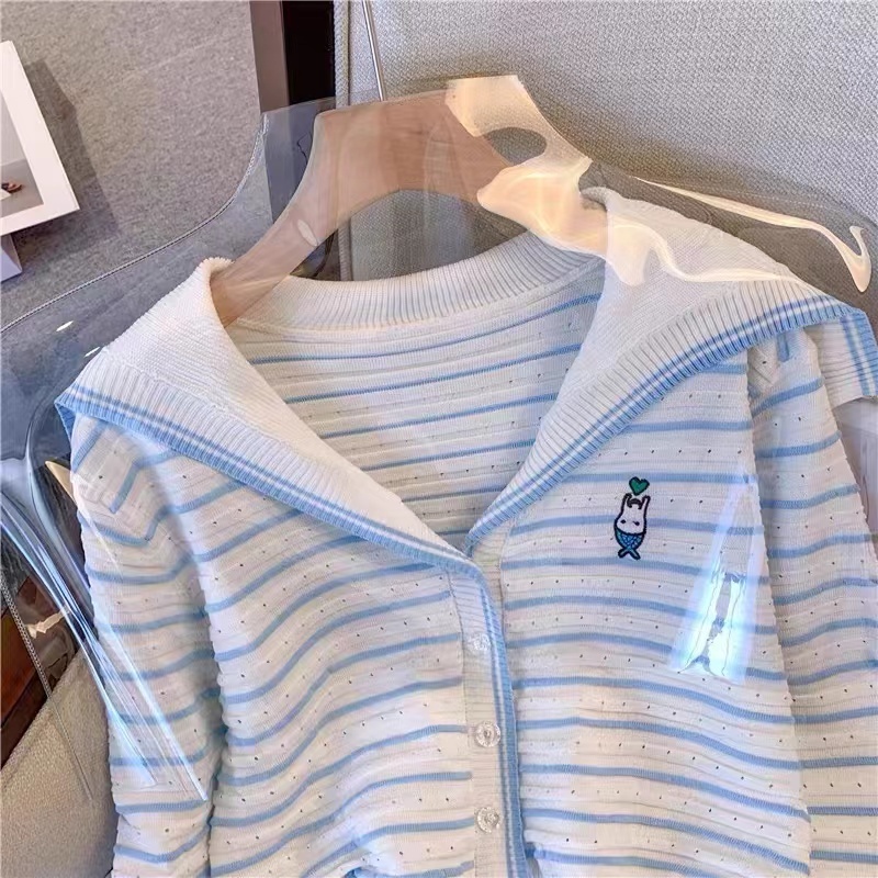 Áo cardigan ZHELIHANGFEI dệt kim tay dài cổ thủy thủ kẻ sọc dáng rộng dễ phối đồ