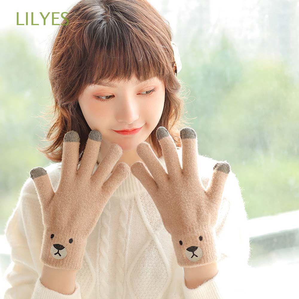 Đôi găng tay len hình gấu dày dặn giữ ấm mềm mại co giãn thoáng khí dùng được màn hình cảm ứng cho nữ chạy lái xe